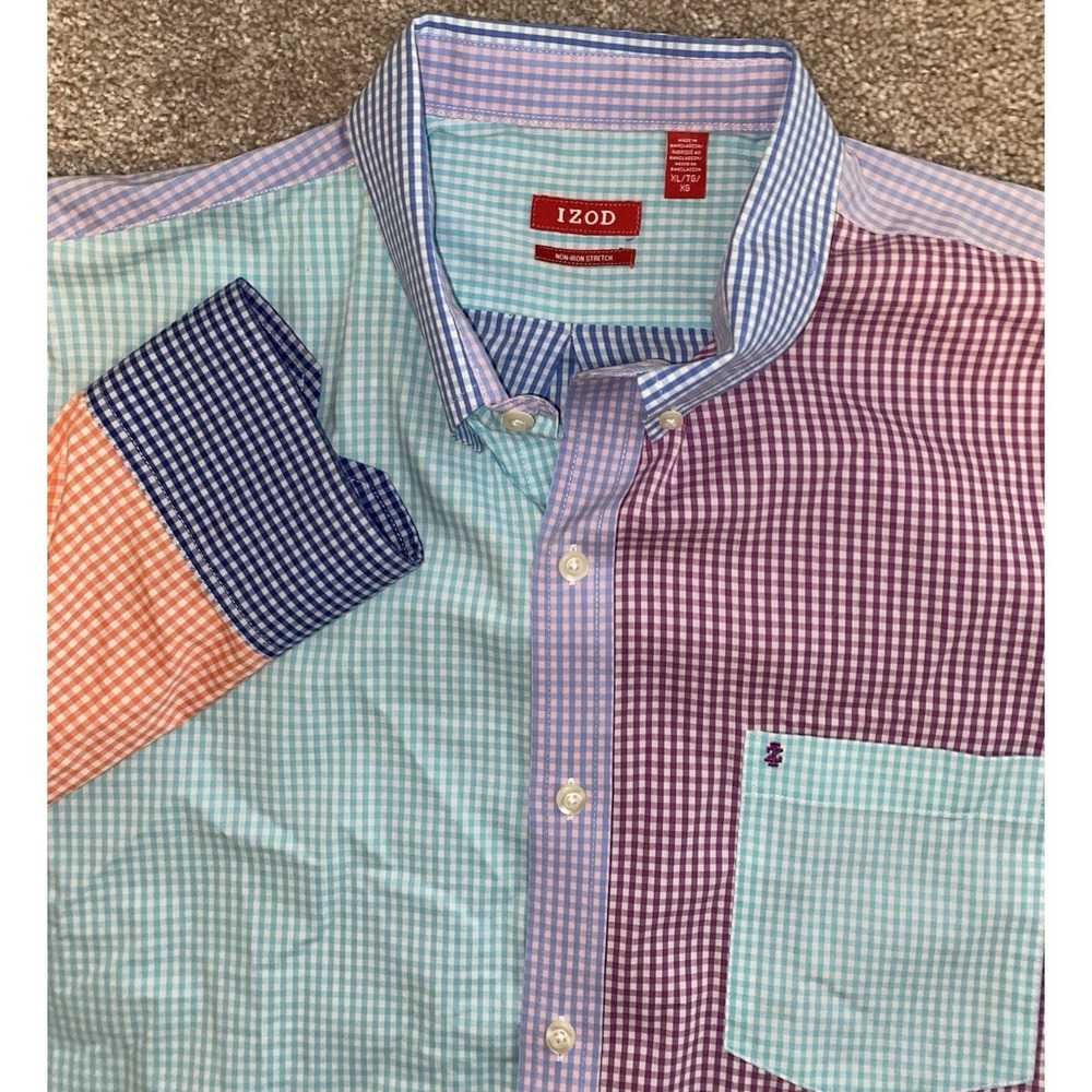 Izod Non Iron Stretch Patch Work Colorful Plaid Shirt Mens 2XLT Stretch‎ Preppy